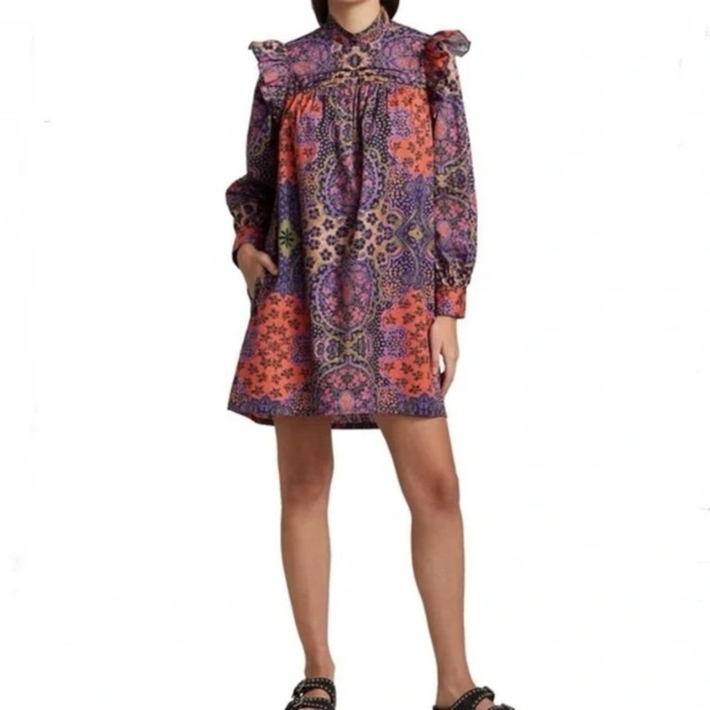 XiRENA Purple & Pink Printed Long Sleeve Shift Dress with Ruffle Yoke